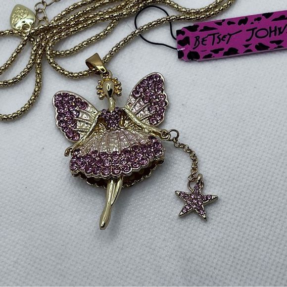 NECKLACE! Betsey Johnson Fairy Dancer w/ Moving Parts, Pink Rhinestones, BNWT - Picture 3 of 8